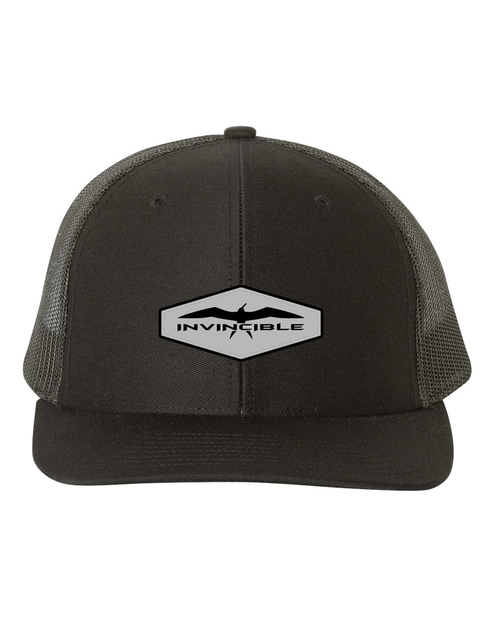 Invincible Signature Steel Black Leather Patch Black Trucker Hat