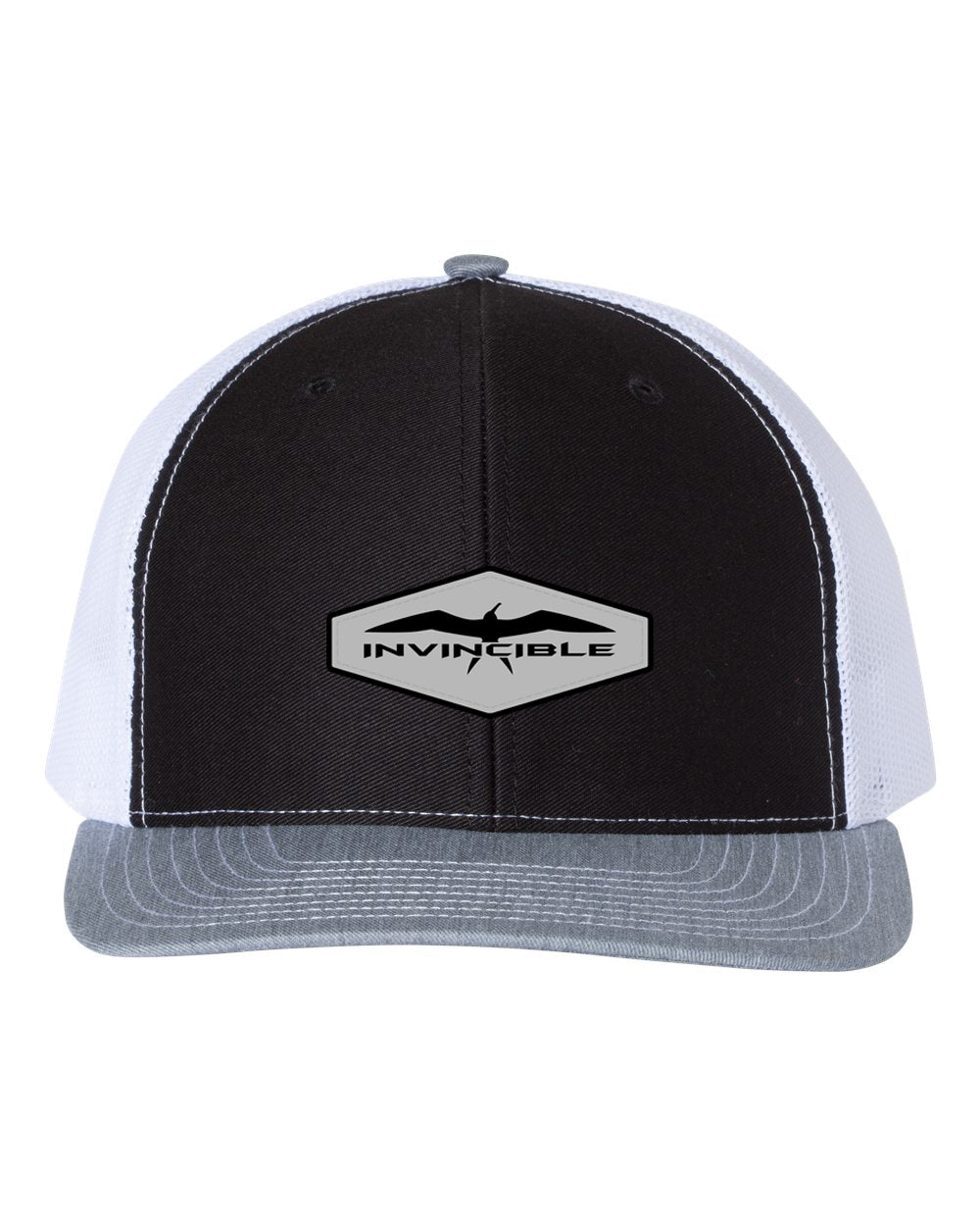 Invincible Signature Steel Black Leather Patch Black/White/Heather Grey Trucker Hat