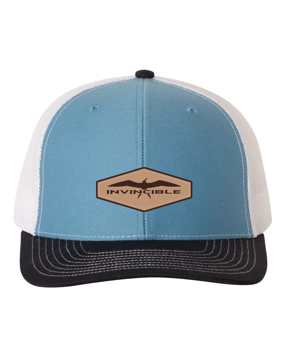 Invincible Signature Natural Leather Patch Columbia Blue/White/Navy Trucker Hat